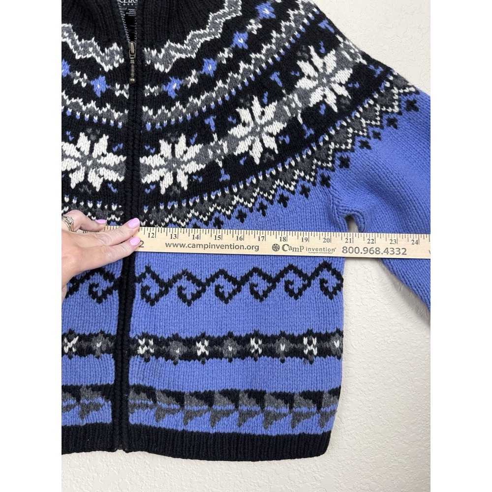 Icelandic Design Full Zip Cardigan Wool Blend Blue Black Fair Isle Sweater M - Picture 2 of 7